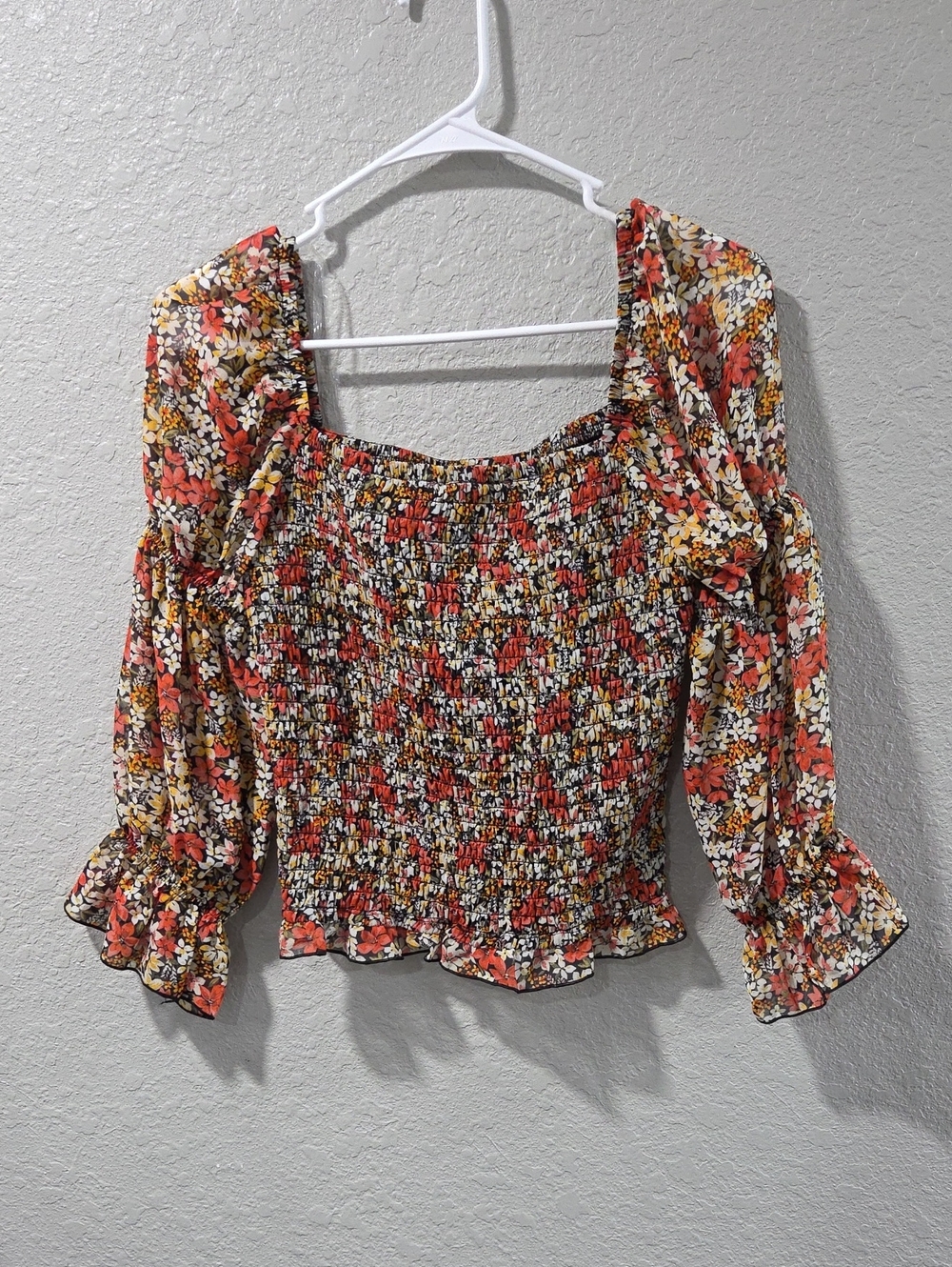by & by Floral Smocked Square-Neck Crop Top - Red, Black, Yellow